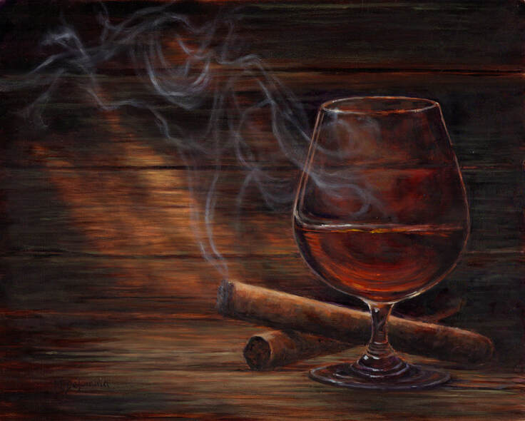 Lite cigar with smoke, glass of bourbon  oil painting by Mally DeSomma