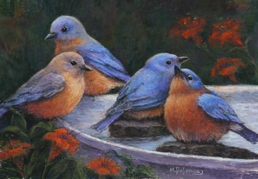 birds in birdbath painting by Mally DeSomma