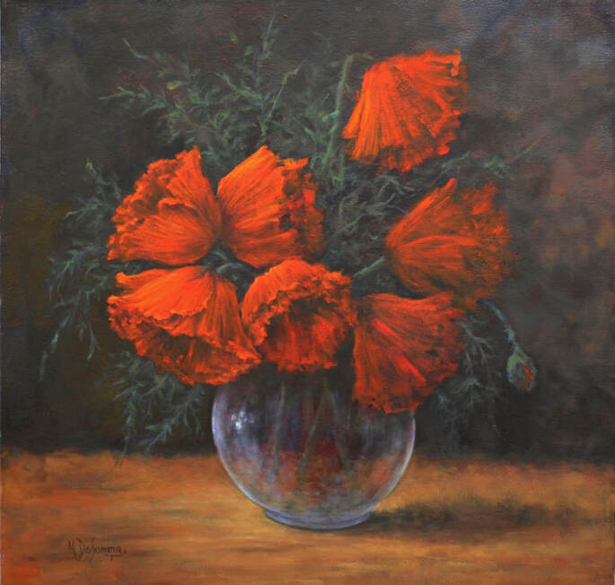 Red Poppy in round glass vase with dark background  Painting by Mally DeSomma